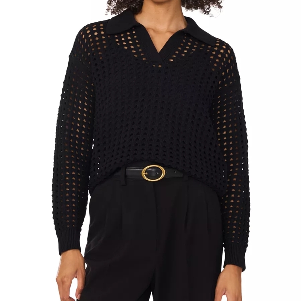 Vince Camuto Women's Black Mesh Stitch Johnny-Collar Sweater Size L